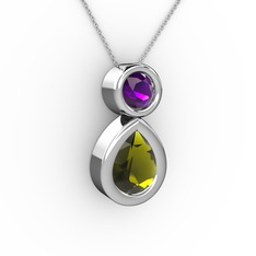 İkili Damla Kolye - Peridot ve ametist 14 ayar beyaz altın kolye (40 cm beyaz altın rolo zincir) #5gralf