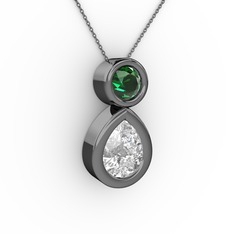 İkili Damla Kolye - Beyaz zirkon ve yeşil kuvars 925 ayar siyah rodyum kaplama gümüş kolye (40 cm gümüş rolo zincir) #5j6qli