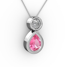 İkili Damla Kolye - Pembe kuvars ve swarovski 18 ayar beyaz altın kolye (40 cm beyaz altın rolo zincir) #5l15ni