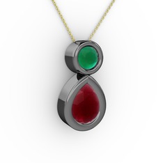 İkili Damla Kolye - Kök yakut ve kök zümrüt 925 ayar siyah rodyum kaplama gümüş kolye (40 cm altın rolo zincir) #5m4zgx