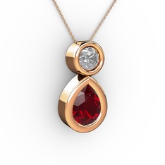 İkili Damla Kolye - Garnet ve pırlanta 18 ayar rose altın kolye (0.5 karat, 40 cm rose altın rolo zincir) #5tg8sh