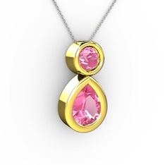 İkili Damla Kolye - Pembe kuvars 18 ayar altın kolye (40 cm beyaz altın rolo zincir) #66ddbw