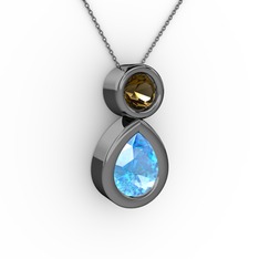 İkili Damla Kolye - Akuamarin ve dumanlı kuvars 925 ayar siyah rodyum kaplama gümüş kolye (40 cm gümüş rolo zincir) #67f5es