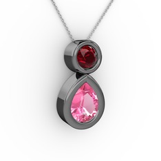 İkili Damla Kolye - Pembe kuvars ve garnet 925 ayar siyah rodyum kaplama gümüş kolye (40 cm beyaz altın rolo zincir) #704jqh