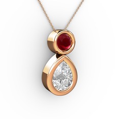 İkili Damla Kolye - Beyaz zirkon ve kök yakut 18 ayar rose altın kolye (40 cm rose altın rolo zincir) #78wkyw