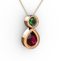 İkili Damla Kolye - Rodolit garnet ve yeşil kuvars 8 ayar rose altın kolye (40 cm altın rolo zincir) #7av510
