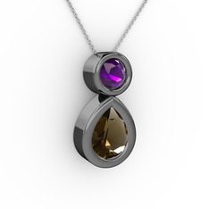 İkili Damla Kolye - Dumanlı kuvars ve ametist 925 ayar siyah rodyum kaplama gümüş kolye (40 cm beyaz altın rolo zincir) #8g344p