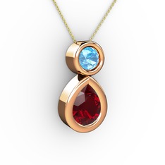 İkili Damla Kolye - Garnet ve akuamarin 8 ayar rose altın kolye (40 cm altın rolo zincir) #8qj2t1