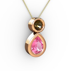 İkili Damla Kolye - Pembe kuvars ve dumanlı kuvars 8 ayar rose altın kolye (40 cm altın rolo zincir) #8z9714