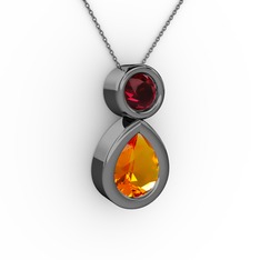 İkili Damla Kolye - Sitrin ve rodolit garnet 925 ayar siyah rodyum kaplama gümüş kolye (40 cm gümüş rolo zincir) #9cywra