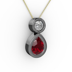 Garnet ve pırlanta 925 ayar siyah rodyum kaplama gümüş kolye (0.5 karat, 40 cm altın rolo zincir)