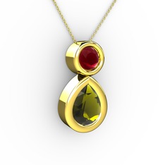 İkili Damla Kolye - Peridot ve kök yakut 8 ayar altın kolye (40 cm altın rolo zincir) #9g5l5m