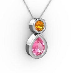 İkili Damla Kolye - Pembe kuvars ve sitrin 925 ayar gümüş kolye (40 cm beyaz altın rolo zincir) #9li37k