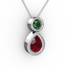 İkili Damla Kolye - Garnet ve yeşil kuvars 925 ayar gümüş kolye (40 cm gümüş rolo zincir) #9rufm3