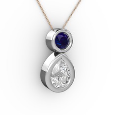 İkili Damla Kolye - Swarovski ve lab safir 8 ayar beyaz altın kolye (40 cm gümüş rolo zincir) #9szv89