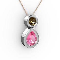 İkili Damla Kolye - Pembe kuvars ve dumanlı kuvars 14 ayar beyaz altın kolye (40 cm rose altın rolo zincir) #a5z22w