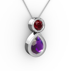 İkili Damla Kolye - Ametist ve garnet 14 ayar beyaz altın kolye (40 cm beyaz altın rolo zincir) #a60j1t