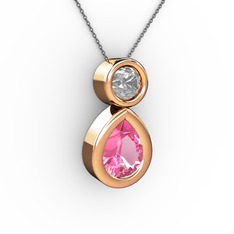 İkili Damla Kolye - Pembe kuvars ve beyaz zirkon 18 ayar rose altın kolye (40 cm gümüş rolo zincir) #a8ybv6