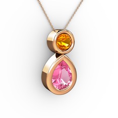 Pembe kuvars ve sitrin 925 ayar rose altın kaplama gümüş kolye (40 cm rose altın rolo zincir)