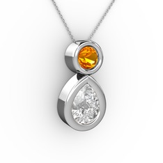 İkili Damla Kolye - Swarovski ve sitrin 925 ayar gümüş kolye (40 cm beyaz altın rolo zincir) #b40ra7