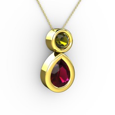 İkili Damla Kolye - Rodolit garnet ve peridot 14 ayar altın kolye (40 cm altın rolo zincir) #bxt63v