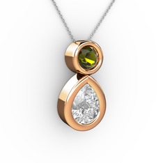 İkili Damla Kolye - Beyaz zirkon ve peridot 8 ayar rose altın kolye (40 cm beyaz altın rolo zincir) #c5mgv2