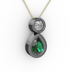 İkili Damla Kolye - Yeşil kuvars ve swarovski 925 ayar siyah rodyum kaplama gümüş kolye (40 cm gümüş rolo zincir) #ca228c