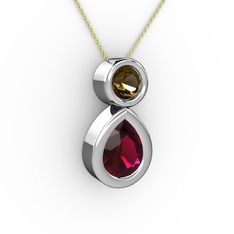 Rodolit garnet ve dumanlı kuvars 18 ayar beyaz altın kolye (40 cm altın rolo zincir)