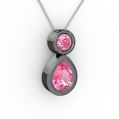 İkili Damla Kolye - Pembe kuvars 925 ayar siyah rodyum kaplama gümüş kolye (40 cm gümüş rolo zincir) #cei6s0