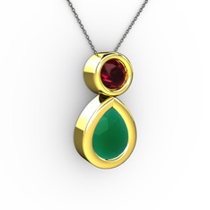 İkili Damla Kolye - Kök zümrüt ve rodolit garnet 14 ayar altın kolye (40 cm gümüş rolo zincir) #ch0hg7