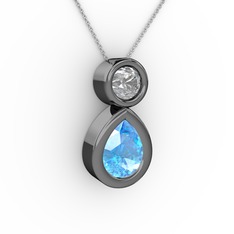 İkili Damla Kolye - Akuamarin ve swarovski 925 ayar siyah rodyum kaplama gümüş kolye (40 cm beyaz altın rolo zincir) #cjq2kf