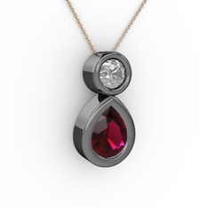 İkili Damla Kolye - Rodolit garnet ve beyaz zirkon 925 ayar siyah rodyum kaplama gümüş kolye (40 cm rose altın rolo zincir) #ck9waj