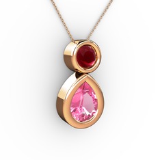 İkili Damla Kolye - Pembe kuvars ve kök yakut 925 ayar rose altın kaplama gümüş kolye (40 cm gümüş rolo zincir) #cki2si