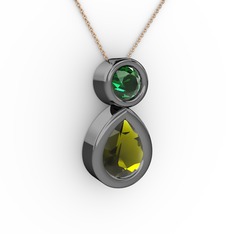 İkili Damla Kolye - Peridot ve yeşil kuvars 925 ayar siyah rodyum kaplama gümüş kolye (40 cm gümüş rolo zincir) #czdtdj