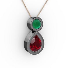 İkili Damla Kolye - Garnet ve kök zümrüt 925 ayar siyah rodyum kaplama gümüş kolye (40 cm rose altın rolo zincir) #d1l5f6