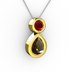 İkili Damla Kolye - Dumanlı kuvars ve kök yakut 14 ayar altın kolye (40 cm beyaz altın rolo zincir) #da9rhy