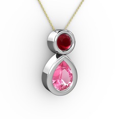 İkili Damla Kolye - Pembe kuvars ve kök yakut 18 ayar beyaz altın kolye (40 cm altın rolo zincir) #dfr4aq