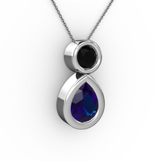 İkili Damla Kolye - Lab safir ve siyah zirkon 18 ayar beyaz altın kolye (40 cm gümüş rolo zincir) #dkai6t