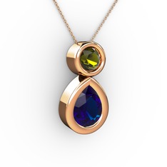 İkili Damla Kolye - Lab safir ve peridot 14 ayar rose altın kolye (40 cm rose altın rolo zincir) #dzg31n