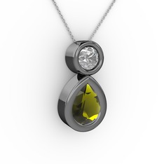 Peridot ve pırlanta 925 ayar siyah rodyum kaplama gümüş kolye (0.5 karat, 40 cm beyaz altın rolo zincir)