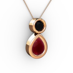 İkili Damla Kolye - Kök yakut ve siyah zirkon 18 ayar rose altın kolye (40 cm rose altın rolo zincir) #efltg7