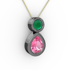 Pembe kuvars ve kök zümrüt 925 ayar siyah rodyum kaplama gümüş kolye (40 cm altın rolo zincir)