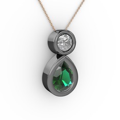 İkili Damla Kolye - Yeşil kuvars ve swarovski 925 ayar siyah rodyum kaplama gümüş kolye (40 cm rose altın rolo zincir) #epi4b0