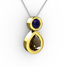 İkili Damla Kolye - Dumanlı kuvars ve lab safir 18 ayar altın kolye (40 cm beyaz altın rolo zincir) #ewxfjy