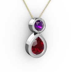 İkili Damla Kolye - Garnet ve ametist 8 ayar beyaz altın kolye (40 cm altın rolo zincir) #ezakmj