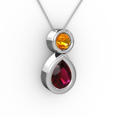 İkili Damla Kolye - Rodolit garnet ve sitrin 8 ayar beyaz altın kolye (40 cm beyaz altın rolo zincir) #ezguu6