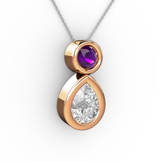 İkili Damla Kolye - Swarovski ve ametist 8 ayar rose altın kolye (40 cm beyaz altın rolo zincir) #f6go6p