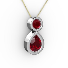 İkili Damla Kolye - Garnet ve kök yakut 18 ayar beyaz altın kolye (40 cm altın rolo zincir) #f6theb