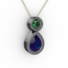 İkili Damla Kolye - Lab safir ve yeşil kuvars 925 ayar siyah rodyum kaplama gümüş kolye (40 cm altın rolo zincir) #f7rn9v
