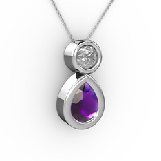 İkili Damla Kolye - Ametist ve swarovski 14 ayar beyaz altın kolye (40 cm beyaz altın rolo zincir) #fb3434